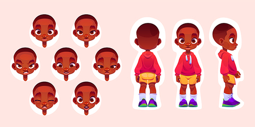 Standing little boy and his face with different emotions. Vector cartoon illustration of cute child in front, side and back view. Facial expression set of african american kid