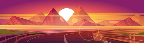 Car overpass road on lake shore with mountains and sun on horizon at sunset. Vector cartoon illustration of summer landscape with highway bridge, river and rocks at evening