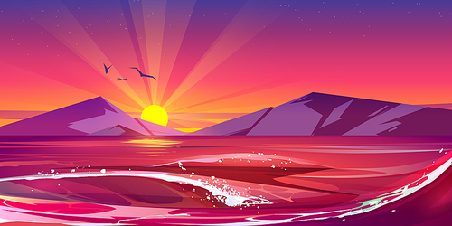Sunset in ocean or sea with splashing waves, scenery nature landscape with flying gulls in purple sky with stars and sun go down the mountain peaks over stormy water surface, Cartoon vector background