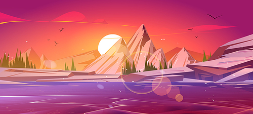 Frozen lake, mountains and snow at sunset. Vector cartoon illustration of northern nature scene, winter landscape with snowy rocks, coniferous trees, ice on river and sun on horizon