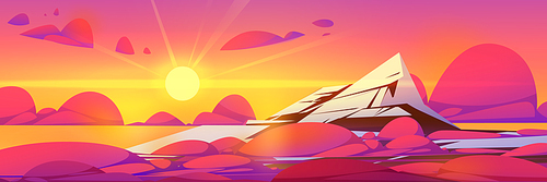 High mountain top landscape at sunset. Vector cartoon illustration of rock range summit scene with evening sun and peak with snow and ice above red soft clouds