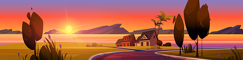 Summer tropical landscape with village houses on sea harbor beach at sunset. Vector cartoon illustration of ocean bay, lake or river coast, cottages, green grass, trees, mountains and sun on horizon