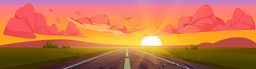 Road at sunset perspective view, summer nature landscape with sun behind the hills, orange sky with red fluffy clouds. Empty asphalted highway going along green fields, Cartoon vector illustration