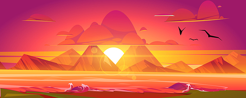 Sunset on ocean, red sky with sun going down the sea surrounded with mountains. Beautiful nature scenic landscape background, evening heaven view gulls flying above water, Cartoon vector illustration