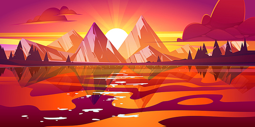 Sunset landscape with lake, mountains and trees on coast. Vector cartoon illustration of nature scenery with coniferous forest on river shore, rocks, clouds and sun with rays at evening