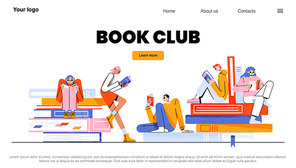 Book club banner with people read in different poses. Vector landing page of group meeting for reading and talk about literature with flat illustration of characters sitting on books stacks