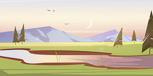 Early morning cartoon scenery landscape with green fields of meadows and river flowing across the vast lands, mountains, fir trees under pink cloudy sky with birds and crescent, Vector illustration