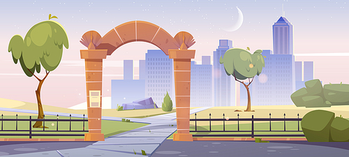 Early morning cityscape view with stone gates, entrance to city garden or park. Urban skyline with metal fence and trees. Sunrise background with crescent in pink sky, Cartoon vector illustration