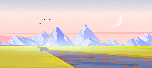 Car road to mountains on green valley in morning. Vector cartoon illustration of summer landscape with empty asphalt highway, white rocks on horizon, waxing moon and stars in sky