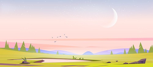 Meadow with green grass, pond, conifers and hills on horizon at morning. Vector illustration of summer or spring landscape of field with plants, lake, trees, flying birds and waxing moon in sky