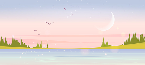 Early morning summer nature landscape, with lake, green field and conifers trees. Scenery valley, pond and spruces under pink sky with crescent, stars and birds, Cartoon tranquil vector background