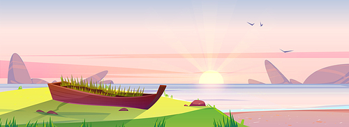 Sunrise beach and old wooden boat with growing grass inside, dawn nature background. Early morning ocean landscape, pink sky with shining sun above sea water, scenery shore Cartoon vector illustration