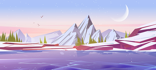 Winter landscape with frozen lake and mountains at early morning. Vector cartoon illustration of northern nature scene with coniferous trees, ice on river, snowy rocks, moon and stars in sky