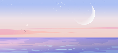 Sea landscape with moon and stars in sky in early morning. Vector cartoon illustration of peaceful nature scene with seascape, ocean lagoon or lake after sunset