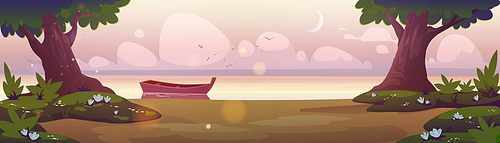 Sunrise landscape with wooden boat at shore with green trees, grass and flowers. Scenery dawn nature, early morning background with pink sky, crescent and clouds over water Cartoon vector illustration