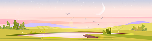 Cartoon nature landscape early morning. Pond at green field with bushes, flying birds. Scenery background with lake and crescent in pink sky, natural scene, Vector illustration