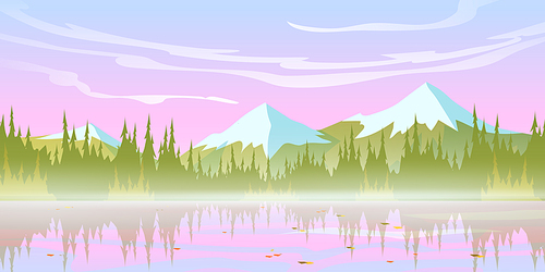 Beautiful mountain landscape, early pink morning nature background with water pond, snowy rock peaks and conifers trees. Calm lake and spruces under lilac sky, cartoon scenery view Vector illustration