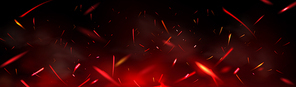 Red fire sparks overlay effect, burning campfire flame with ember particles flying in air at night. Abstract magic glow, energy blaze and shine on black background. Realistic 3d vector illustration