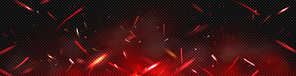 Red fire sparks overlay effect, burning campfire flame with ember particles flying in air at night. Abstract magic glow, energy blaze and shine on black background. Realistic 3d vector illustration