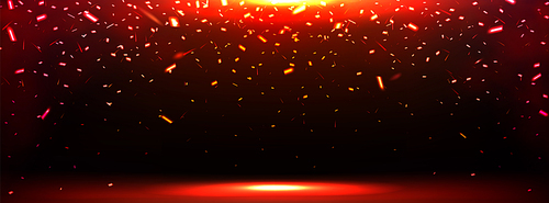 Abstract background with burst effect with falling fire sparks. Vector realistic illustration of empty stage with red spotlight, flying sparkles and spot of light on scene