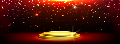 Golden podium with falling confetti, round gold shiny platform, stage for product presentation or winner victory celebration. Vector background with realistic 3d scene and red spotlight glowing light