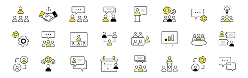 Set of doodle icons business meeting, conference, teamwork discussion, partnership, handshake. Speech bubbles, white board with chart, online communication isolated signs, Line art vector illustration