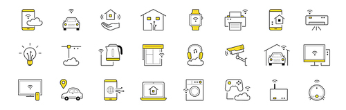 Smart home doodle icons set. Smartphone with app, wi-fi connection, house in hand, smartwatch and printer. Conditioner, light bulb, teapot, window and headphones, car, alarm Isolated vector line signs