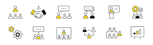 Business meeting and communication doodle icons set. Vector line art illustration of partner handshake, company teamwork, personnel training, project presentation, brainstorming, discussion symbols