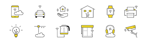 Smart home, internet of things technology outline icons. Vector doodle symbols of mobile phone, wireless watch, headphones, printer, remote control of light, car, camera