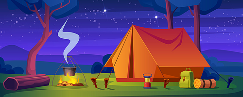 Summer camp in forest with bonfire and tent at night. Vector cartoon illustration of landscape with trees, log, stars in dark sky and campsite with backpack, lantern and bowler on fire