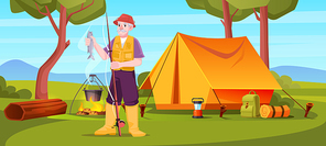 Senior fisherman holding fish and rod in summer camp, old man relax in forest with tent and campfire. Tourist summertime hobby, mature male character activity, leisure, cartoon Vector illustration