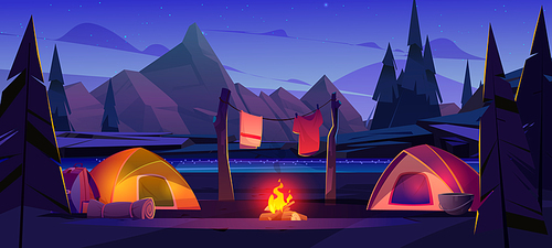 Nordic landscape with mountains and camp on river shore at night. Vector cartoon illustration of campsite with bonfire, tents, boiler and clothesline on lake beach. Concept of trekking, picnic, hiking