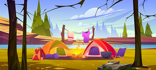Camping tents with campfire and tourist stuff in forest at river coast. Traveler halt with, chair drying clothes on nature landscape scenery view, summer hiking, travel, Cartoon vector illustration
