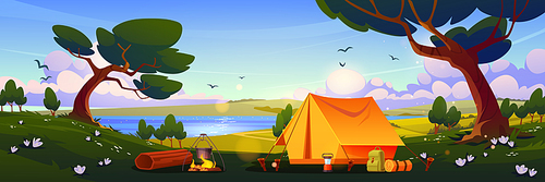 Camping tent with campfire and tourist stuff on field with trees near lake. Traveler halt on nature landscape scenery view, summer time hiking, travel, tourism recreation, Cartoon vector illustration