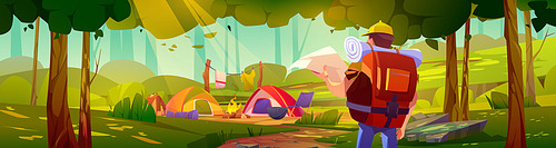 Man traveler in forest with camp. Summer landscape with tents, bonfire and hiker with map and backpack. Vector cartoon illustration of woods with trees, campsite and tourist