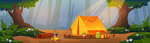 Deep forest with summer camp on glade. Vector cartoon illustration of woods landscape with trees and campsite with tent, bonfire, backpack, lantern and bowler