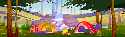 Camping tents with campfire and tourist stuff in forest with waterfall cascade. Traveler halt with chair, rucksack on nature landscape scenery view, summer hiking, travel, Cartoon vector illustration