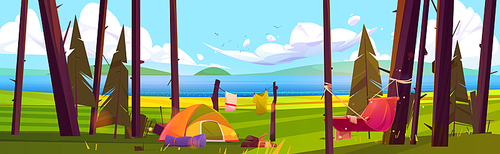 Camp in forest, tourist camping tents and hammock near lake shore. Traveler halt with drying clothes on nature landscape with trees and pond under blue sky, summer travel Cartoon vector illustration