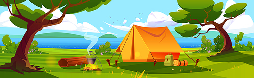 Summer camp with bonfire and tent on river coast. Vector cartoon illustration of countryside landscape with trees, green grass, lake and campsite with backpack and bowler on fire