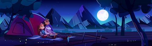 Family camping cartoon illustration. Vector design of mother and daughter sitting near tent on river shore, high mountains background, admiring stars, full moon on dark sky. Enjoying weekend together