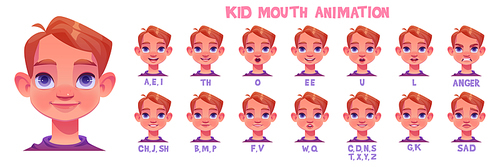 Kid mouth animation with different facial expressions. Little caucasian boy cartoon character lip sync sound pronunciation and phoneme, mouth talk and eyebrow movement chart, Vector illustration set.