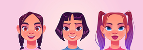 Girl avatars, female teenagers characters faces. Caucasian and asian children with pigtails and short haircut. Pretty schoolgirl portraits for social networks user profiles Cartoon vector illustration