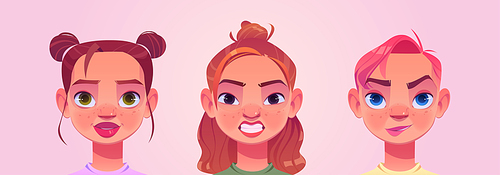 Girl avatars, young female characters faces, pretty caucasian women emotions, portraits with brown, pink and ginger hair for social networks or user profiles in internet, Cartoon vector illustration