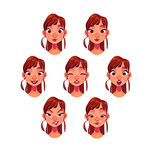 Young woman face with different emotions. Vector cartoon set of girl happy, cry, shy, angry, skeptic and surprise isolated on white . Female character portraits