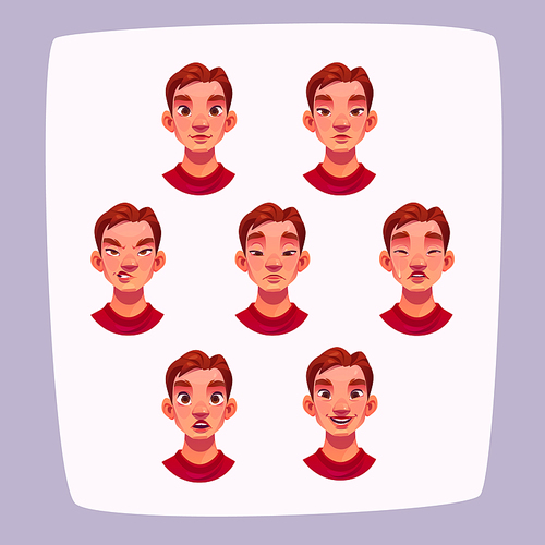 Young man face expressions, cartoon male character avatar with different emotions isolated on white . Handsome boy emoji smile, despise, sad, crying and surprised, Vector illustration set