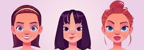Girl avatars, young female characters faces, caucasian and asian women with brown, black and ginger hair, pretty portraits for social networks or user profiles in internet, Cartoon vector illustration