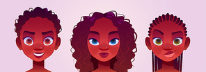 Black girl avatars, young female characters faces. African american women with curly hair, brown, blue or green eyes. portraits for social networks or user web profiles, Cartoon vector illustration