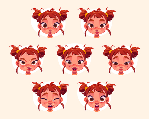 Cule little girl face with different emotions. Vector cartoon set of child portraits isolated on background. Baby girl character laugh, sad, surprise, cry and angry