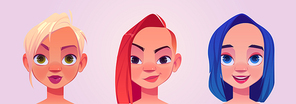 Women heads with blond, red and blue hairstyles. Female portraits with different stylish haircuts. Vector cartoon illustration of beautiful girls faces, fashion ladies avatars