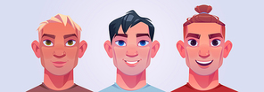 Men heads with different hairstyles. Handsome male characters avatars. Vector cartoon illustration of person portraits, guys faces with short blond hair, quiff and bun